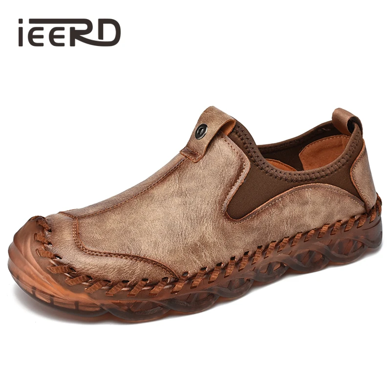 

IEERD Handmade Microfiber Leather Casual Shoes Men Loafers Transparent Oxford Sole Cushioning Footwear Men Flats