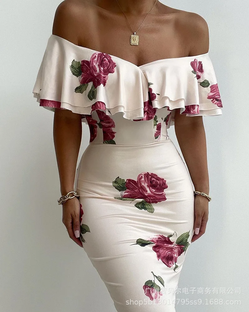 

Donsignet 2021 New Fashion Print Dresses for Women Strapless Slash Neck Sleeveless Birthday Dress for Women