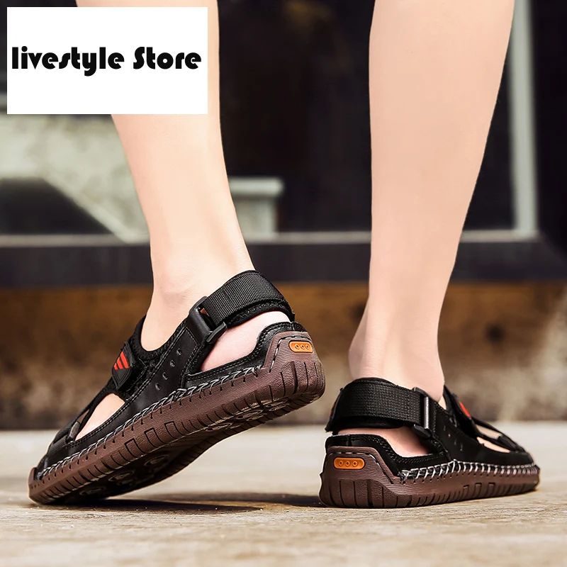 

2021 New Summer Men Breathable High Quality Leather Sandals Man Flats Fashion Casual Beach Men's Shoes Plus Size 39-48