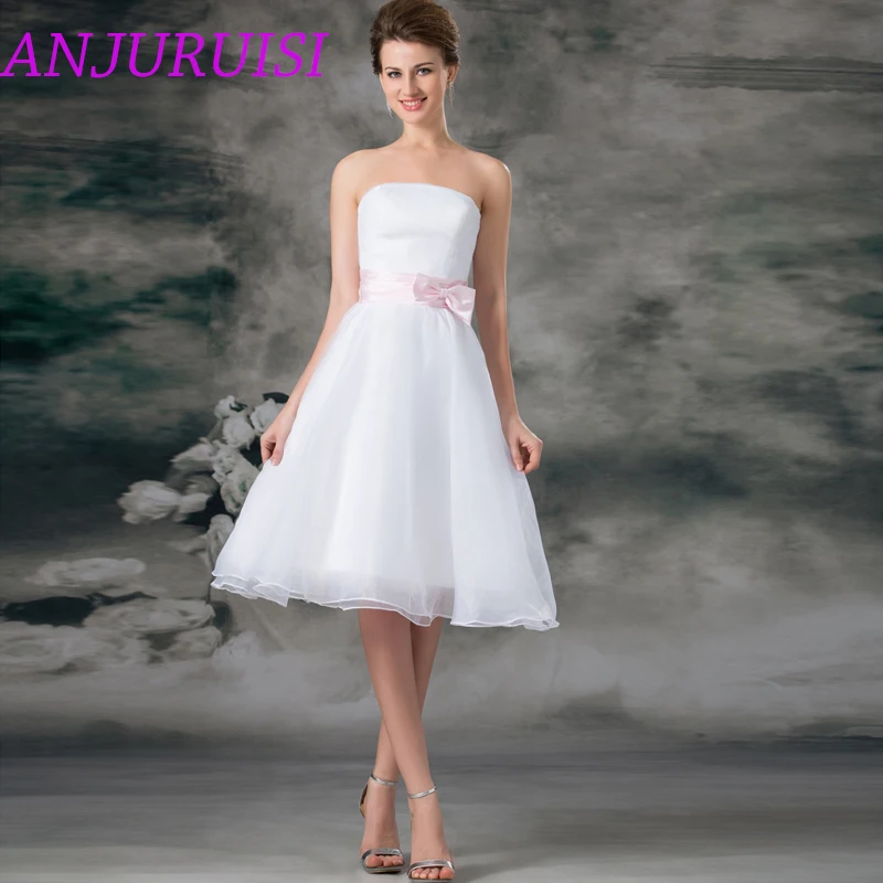 

ANJURUISI 2020 Simple Strapless Short Wedding Dresses Organza Bridal Dress Pink Bow Wedding Gowns Pleat Sashes Vestido De Noiva