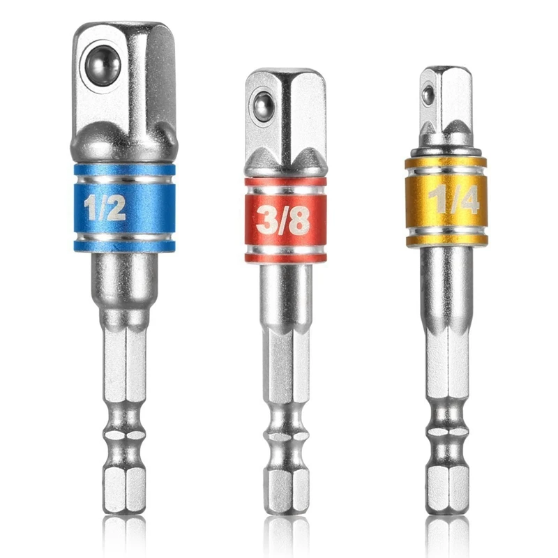 

3PCS Socket Adapter Impact Set Hex Shank to 1/4 3/8 1/2 inch Colorful Extension Converter Impact Drill Bits Driver Power Hand To