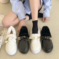 plush cotton shoes women 2021 winter new style korean fashion metal bow knot plus velvet pedal peas loafer women platform shoes