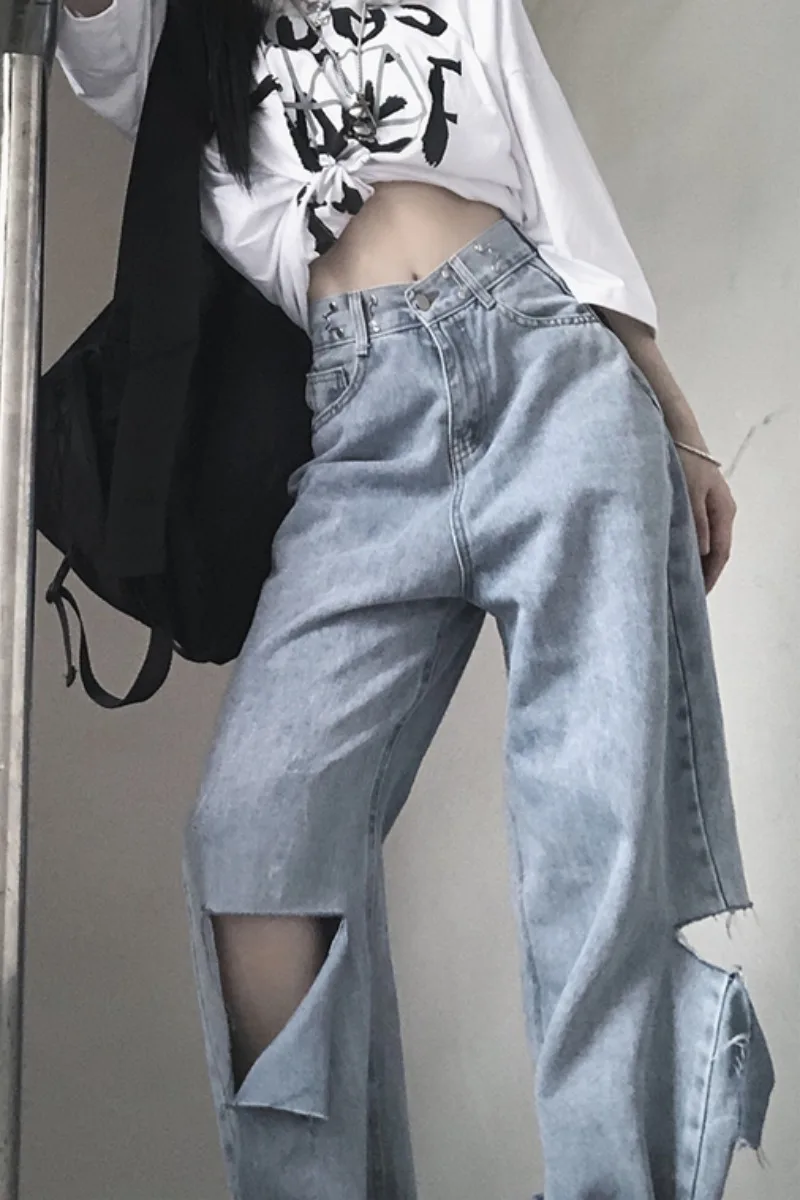 

Hole-breaking jeans women summer ins high street light straight straight wide-legged pants loose show thin high-waisted trousers