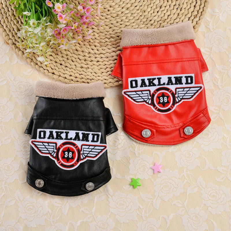 

Winter Pet Clothing High Quality Plush Fleece Dog Leather Jacket Red Black Small Dog Coat Pet Supplies Handsome Puppy Costume