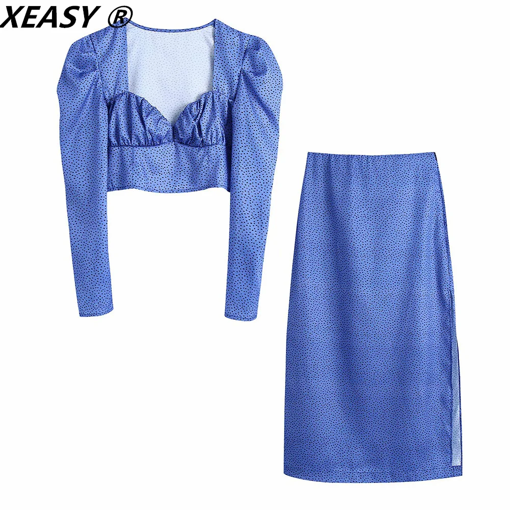 

XEASY 2021 Women Fashion Two-Piece Set Blue Polka Dot Print Puff Sleeve Top Vintage High Waist Side Slit Midi Skirt Female Suit