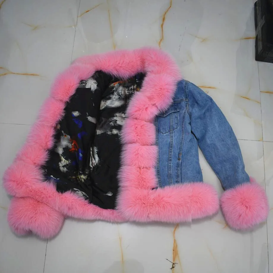 Cotton lining Женская новая джинсовая куртка с натуральным лисьим мехом и подкладкой из кроличьего меха, зимняя теплая Модная Толстая куртка с натуральным мехом, европейская уличная обувь s - Цвет: Cotton lining