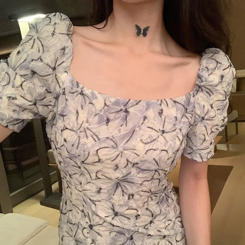New Puff Sleeve Dress Women Summer 2020 Suqare Collar Elegant Korean Style Female Clothes Casual Mid-Calf Retro Vintage | Женская одежда