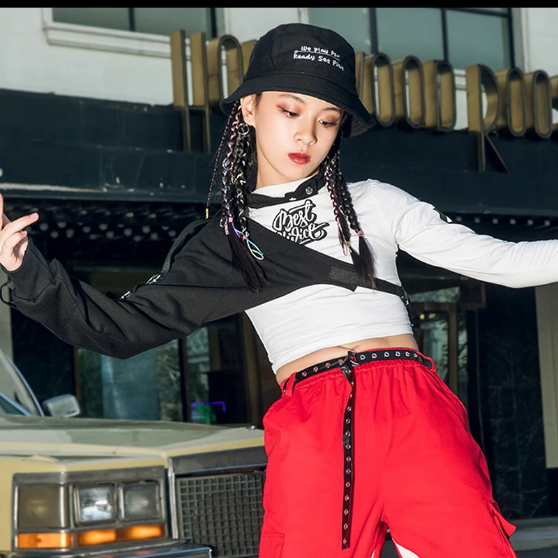 

2020 Hip Hop Kids Ballroom Dance Costume Girls Tops Jazz Performance Clothing Hiphop Dance Practice Red Pants Street Dancewear