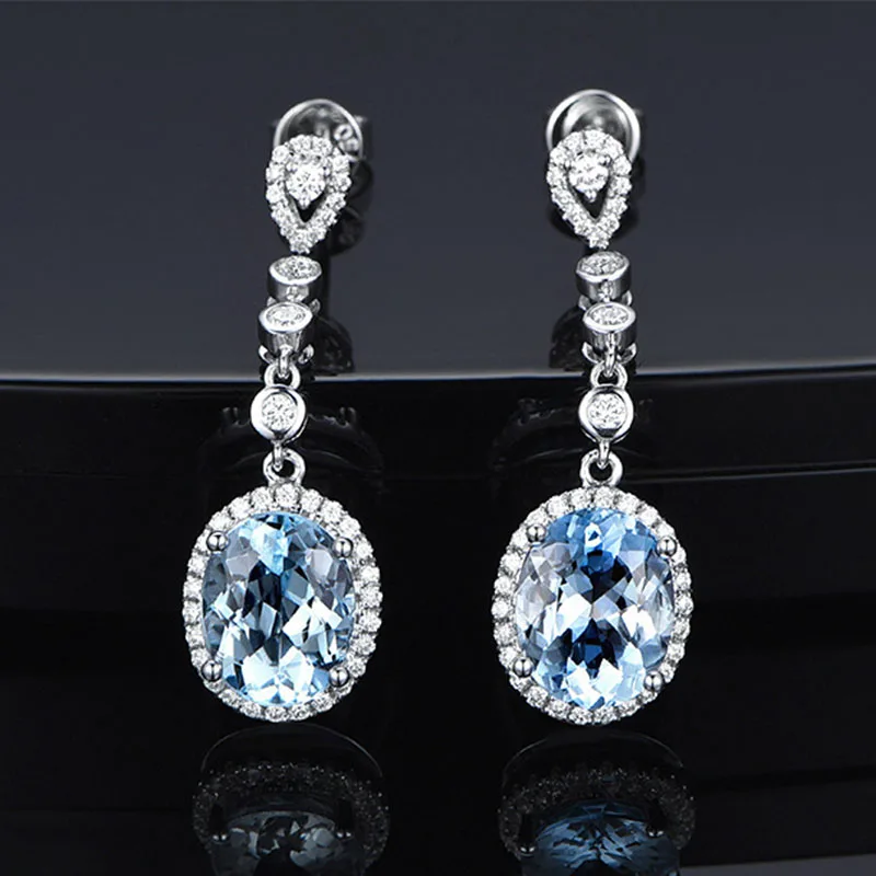 

BLACK ANGEL Luxury Oval Sky Blue Topaz Drop Earrings 925 Sterling Silver Long Dangle Earring For Women Fine Jewelry Wedding Gift