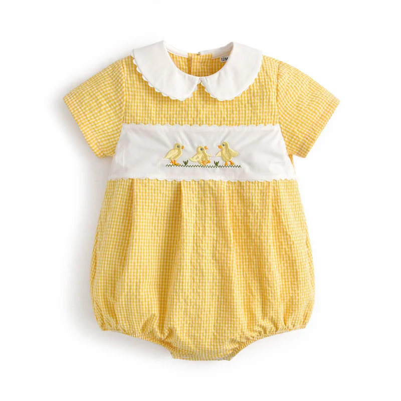 

Spain Boutique Baby Boys Bubbles Newborn Embroidered chick Romper Toddler Cotton Jumpsuit Peter Pan Collar Spanish Clothes