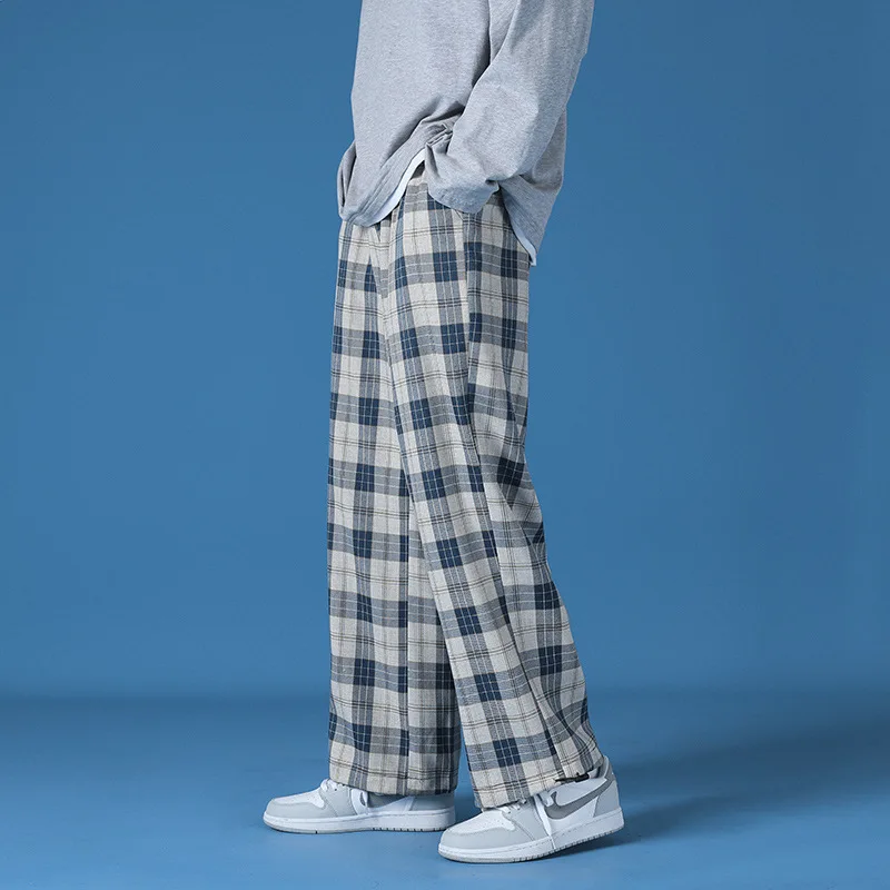 2021 hot spring loose check trousers wide leg pants casual sports pants harajuku street style korean fashion brand mens wear free global shipping