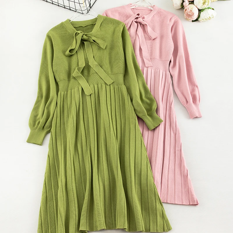 SINGRAIN женское вязаное длинное плиссированное платье зимнее с длинным рукавом