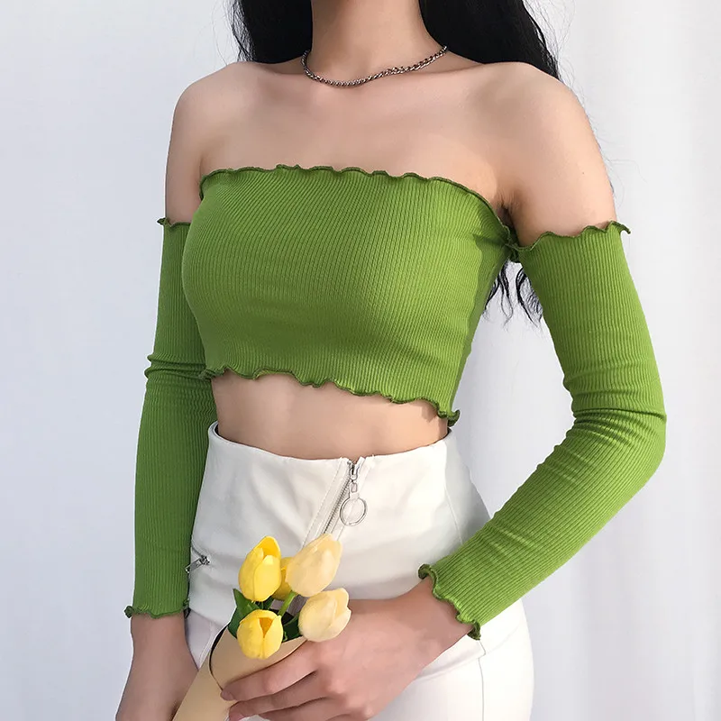 Женский укороченный топ с открытыми плечами облегающее эластичное трикотажное