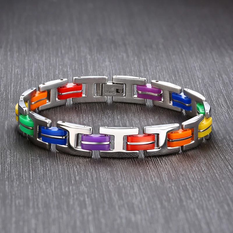 Силиконовый браслет из нержавеющей стали 316L мужской с радужной застежкой