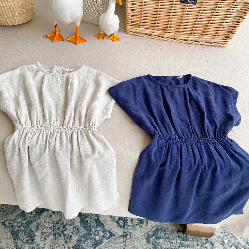 

2021 Summer New Girls Dress Short Sleeve Cotton O-Neck Solid Casual Clothes