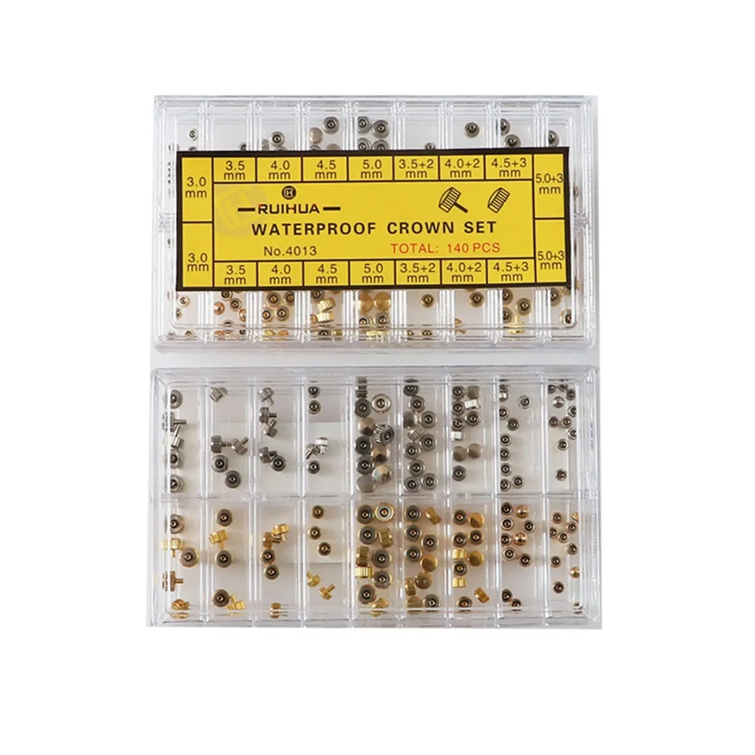 

Assorted 140 pcs Copper Watch Crown Mix Style Dome Flat Head For Quartz Wristwatch Replacement Parts Repair Watch Crown Kits