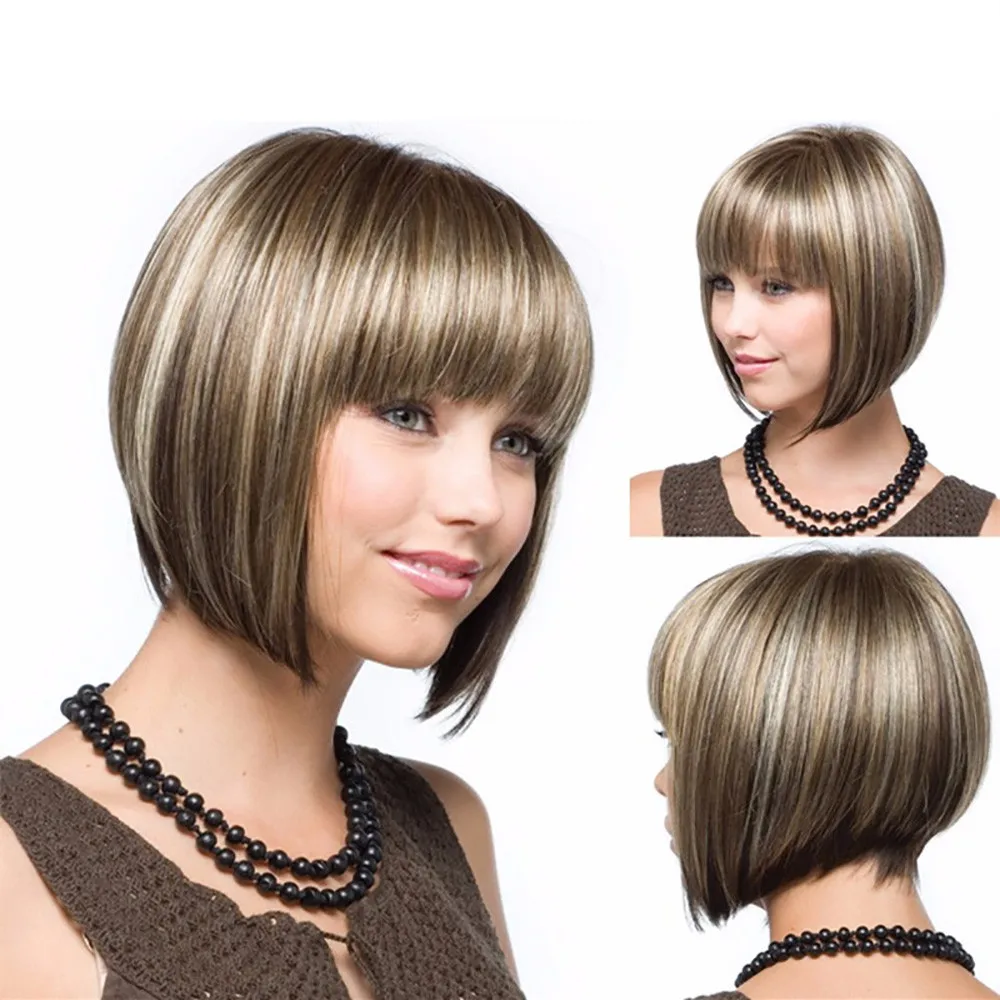 

Natural Gold Cosplay Party Wig Hair Short Full Straight Hair Synthetic 32CM Fashion Hairstyle Charming Dress Up Lady Head Cover