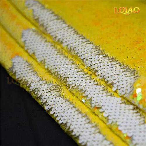 Yellow-White 125 см x 20 см реверсивная Русалка рыбья чешуя блесток ткань зеленый/черный/золотой блесток ткань с пайетками для платьев/бикини/наволочки - Цвет: Yellow-White