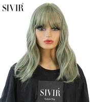 sivir synthetic medium wave daily wigs for women greenpinkorangegold 4 color with bangs machine heat resistant fibre hair