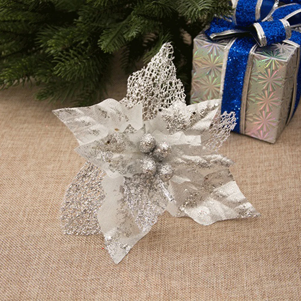 Silver 20cm Большие искусственные цветы для рождественского декора, блестящие Искусственные цветы Poinsettia, сделай сам, украшение для дома, Рождества, Нового года, цветок для свадьбы - Цвет: Silver 20cm