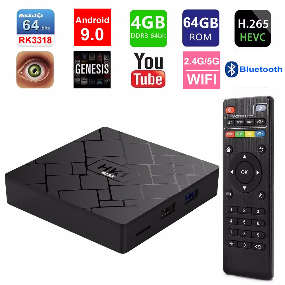 HK1 MAX Android 9,0 Smart tv BOX RK3318 Четырехъядерный 4 ГБ ОЗУ 64 Гб ПЗУ 2,4 ГБ/5 Гб двойной wifi Bluetooth 3D 4K HDR H.265 USB3.0 телеприставка