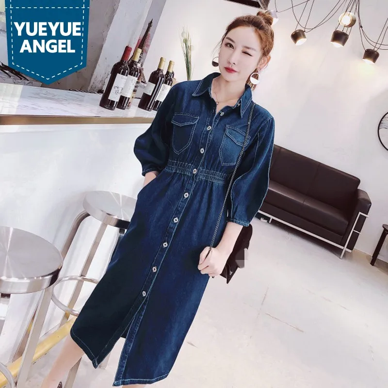 Женское джинсовое платье с эластичным поясом повседневное однобортное средней