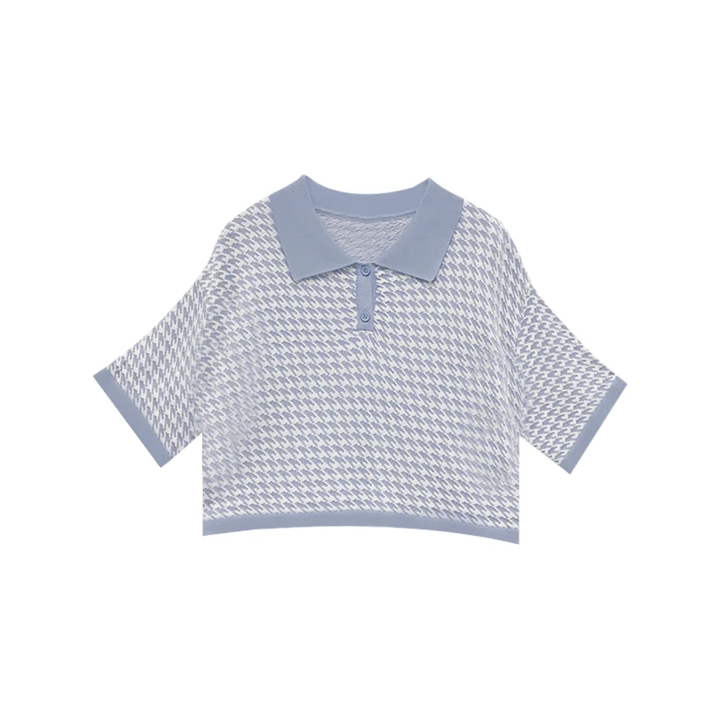 

Korean Summer Women Polo Collar Short Sleeve T-Shirts Sweet Houndstooth Student Thin Knitted Top