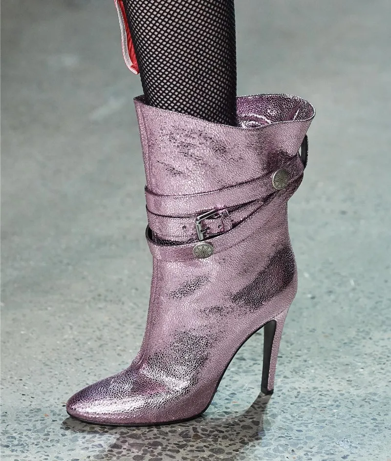 

New Designer Shoes Woman Silver Buckle Strap Ankle Boots Sexy Pointed Toe Thin High Heels Women Short Boots Catwalk Shoes Runway