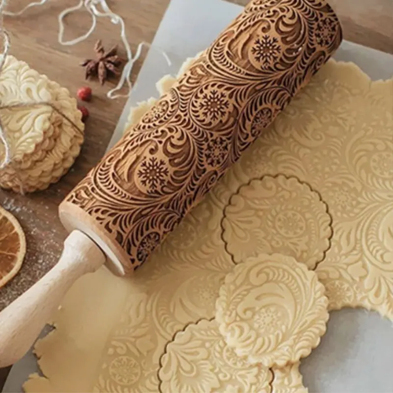 

Christmas Embossed Rolling Pin Wood Carved Cookies Biscuit Fondant Dough Baking Engraved Printed Roller Holiday Gifts