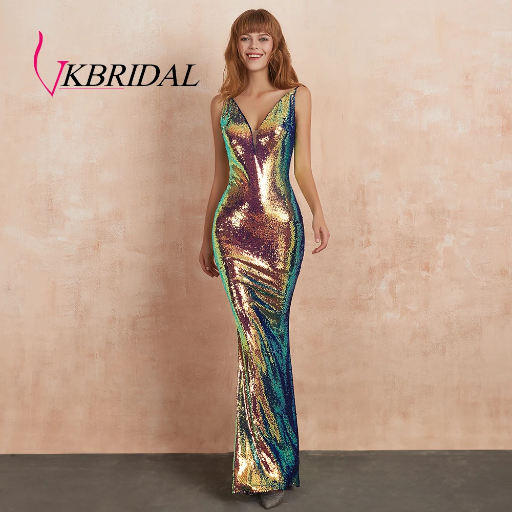 VKBRIDAL радужные вечерние платья с пайетками длинное сексуальное платье открытой