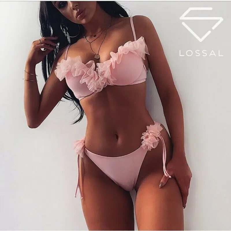 

2021 Women's Sexy Bikini Set Two-Pieces Ruffles Push Up Padded Summer Bra Thong Bandage Swimsuit Swimwear Bathing Suit Beachwear