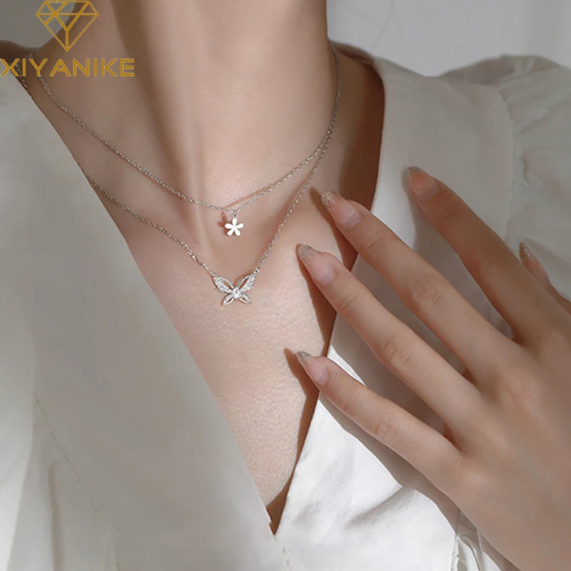 

GOLDRIA 925 Sterling Silver Flash Diamond Butterfly Flower Necklace For Women Beautiful Sweet Wedding Jewelry Party Accessories