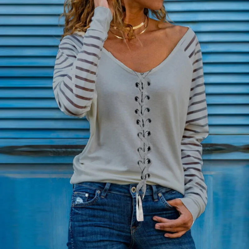 

Women Sexy V Neck Long Sleeve Blouse Spring Elegant Patchwork Cross Lace-Up Ladies Tops Streetwear Casual Loose Shirt Blusas XXL
