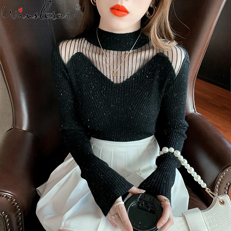 

Fall Winter Korean Clothes Sweater Fashion Women Patchwork Mesh Transparent Shiny Knitwear Jumper Slim Tops Woman 2021 T19625A