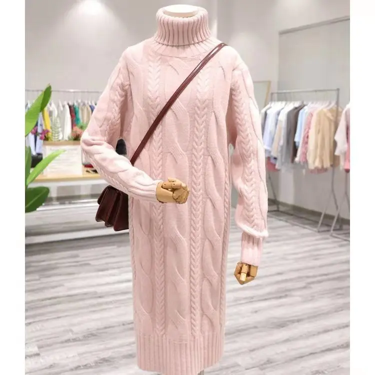 

Women Autumn Solid Hemp Knitted Dresses Female New Fashion Loose Pullover Sweater Dress Ladies Regular Turtlenenck Dress P72