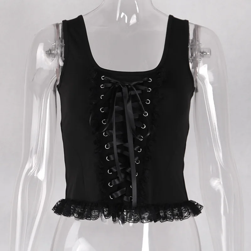 

Women Gothic Clothing Tie Zipper Cross Strap Bandage Women's Short Slim Vest Square Collar Knitting Lace Party Dress Tank Tops