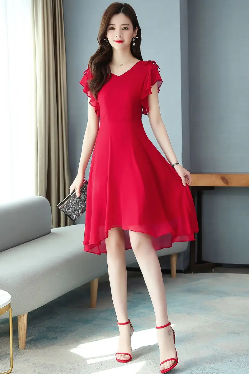 

COIGARSAM 3XL Plus Size Chiffon Women dress New Summer Dresses Red Black 8987