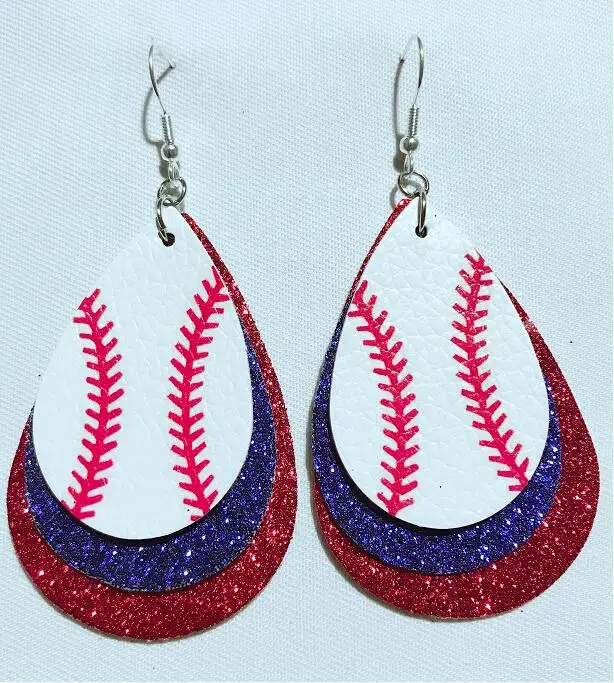 Модные 3D бейсбольные трехслойные серьги капельки из искусственной кожи для