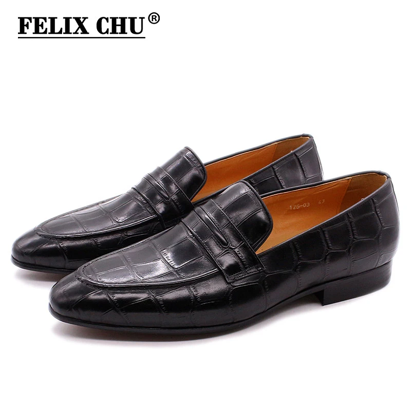 

FELIX CHU Men's Penny Loafers Crocodile Print Genuine Leather Wedding Party Casual Men Dress Shoes Black Red Fashion Male Flats