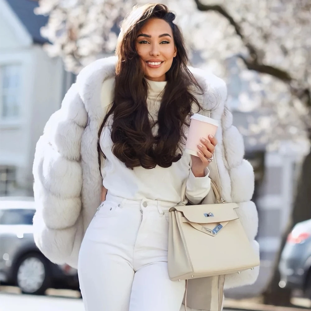 Medium Length Natural Fox Fur Coat with Hood Thick Warm Fur Overcoat Luxury Woman Genuine Full Pelt Fox Fur Jacket Casual Women