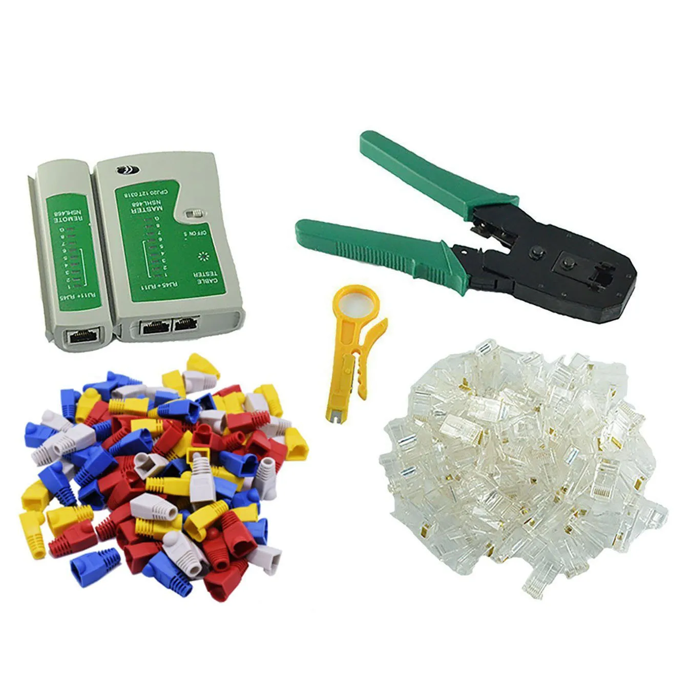 

Multifunction RJ11 RJ45 Cat5 Cat6 Crimping Plier Network Crimper Tools Kit With 100 8P8C Connector Cable Tester 100 Plug Cover