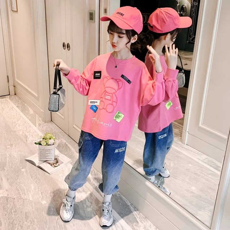 

Girls Suits Sweatshirts + Pants Kids Cotton 2021 Loose Spring Autumn Teenagers For 4-12 Years Children Clothing Set Outfits