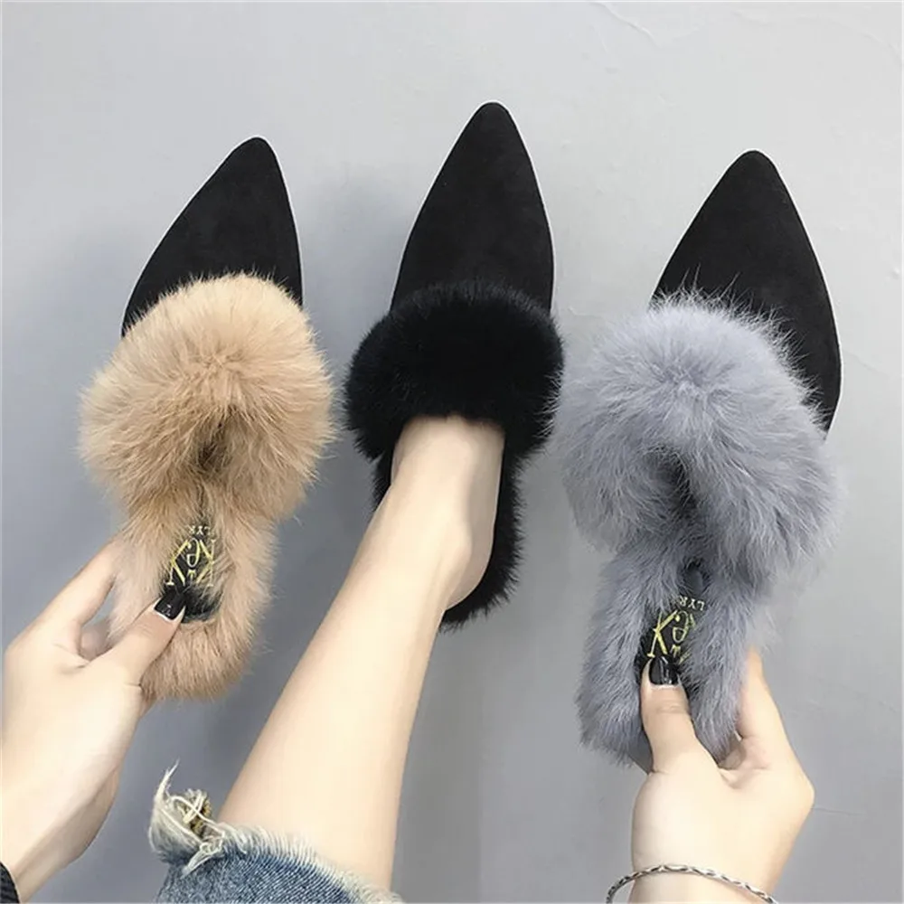Autumn New Sexy Mules Women's Half Slippers Korean Fashion High Heel Shoes Wearing Hairy Pointed Baotou Furry Plush Slippers