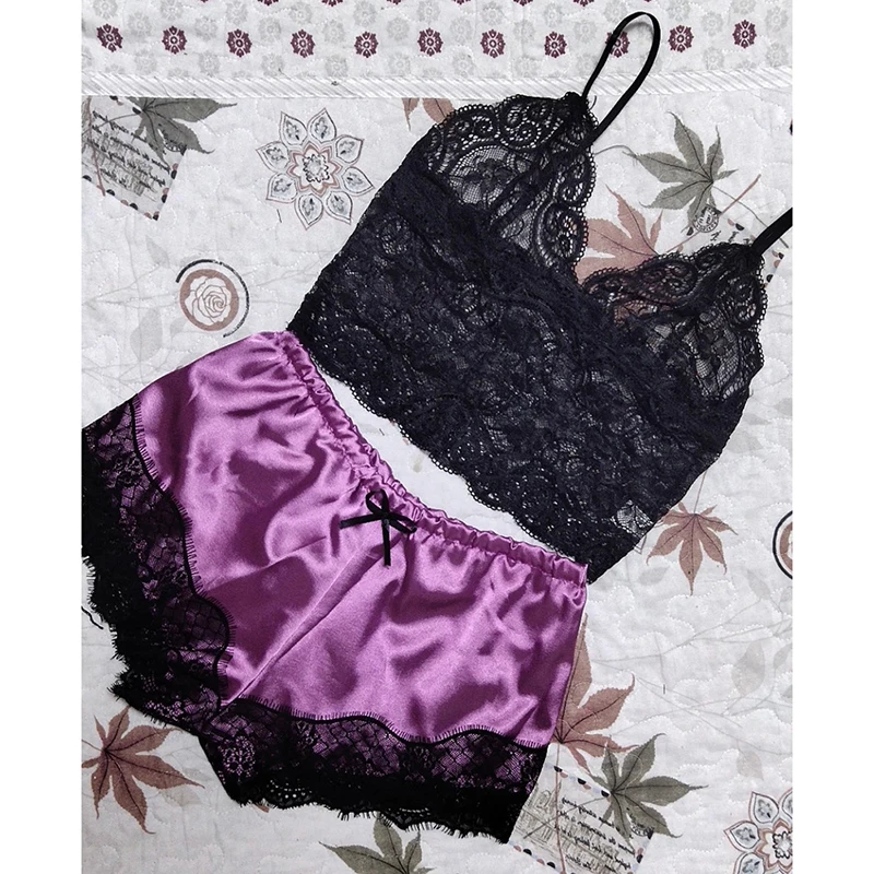 

Women Fashion Lace V Neck Pajamas Set Lingerie Sleeveless Nightwear Crop Women's Sleepwear Sexy Satin Pajama Set Top And Shorts