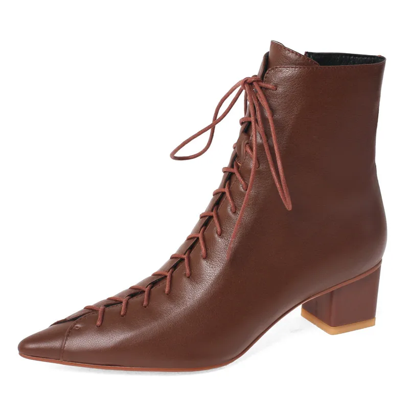 

New Soft Leather Solid Color Pointed Toe Square Root Lace-Up Female Nude Boots British Retro Street Style Ladies Martin Boots