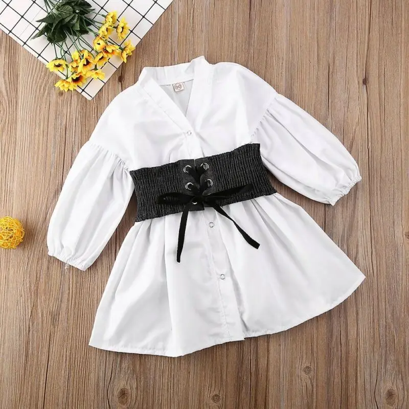 1-6Y Toddler Kids Baby Girls Dress Clothes Long Puff Sleeve Waist White A-Line Shirt Top Outfit | Детская одежда и обувь