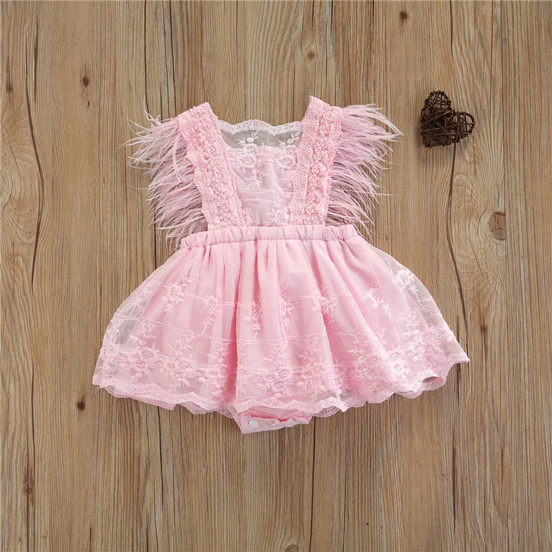 

Baby Girls Sleeveless Romper Summer Floral Lace Solid Color Tassel Bodysuit Tutu Dress