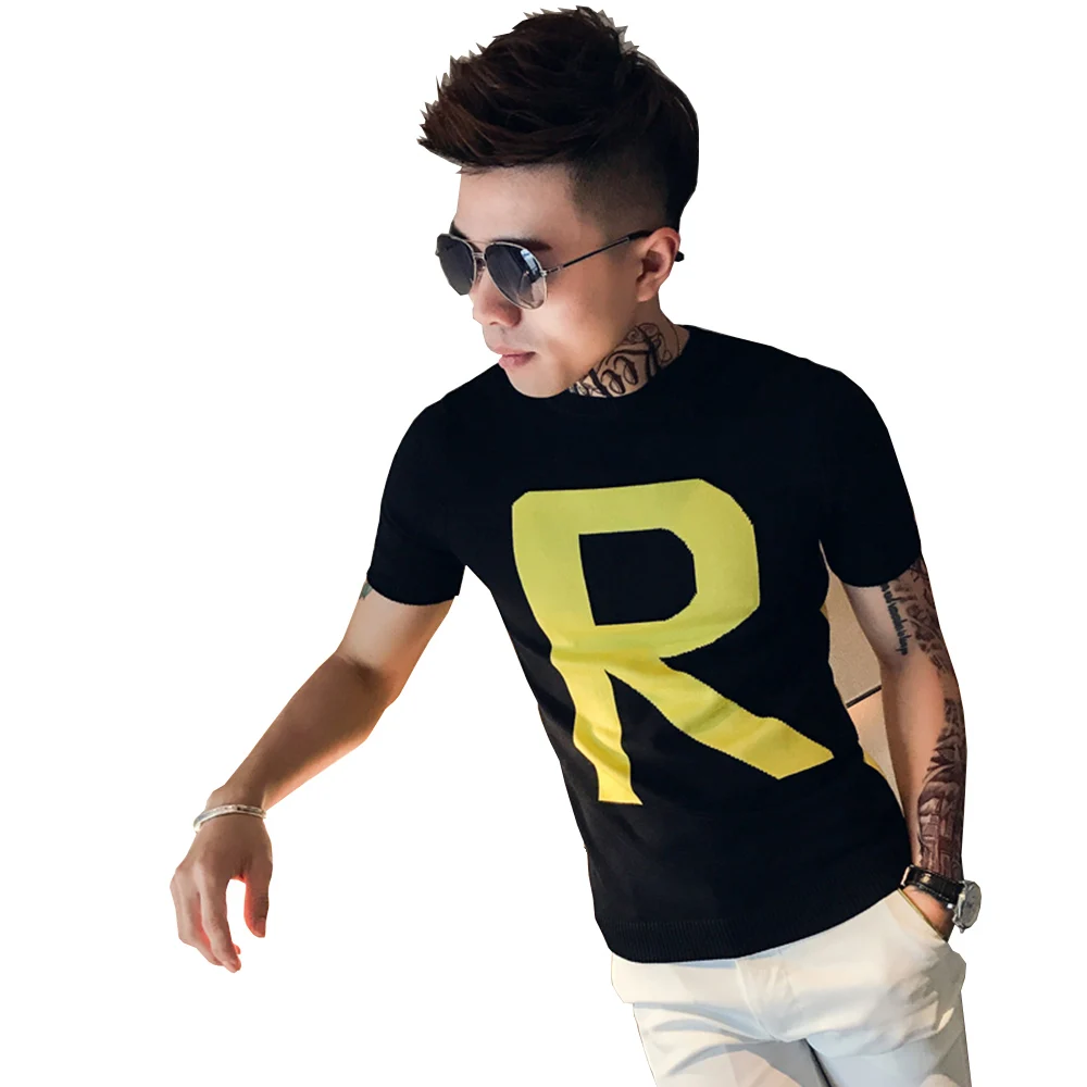 

Men's round-neck short-sleeved knitted T-shirt fashion trend black T-shirt Korean Slim hit color T-shirt bottoming shirt