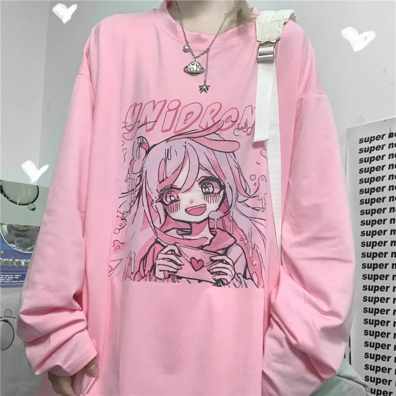 

2021 Sweet Cartoon Anime Love Girls Long Sleeve Pink T-Shirt Women's Autumn Streetwear O-Neck Pullovers Kawaii Cute Tops Tees