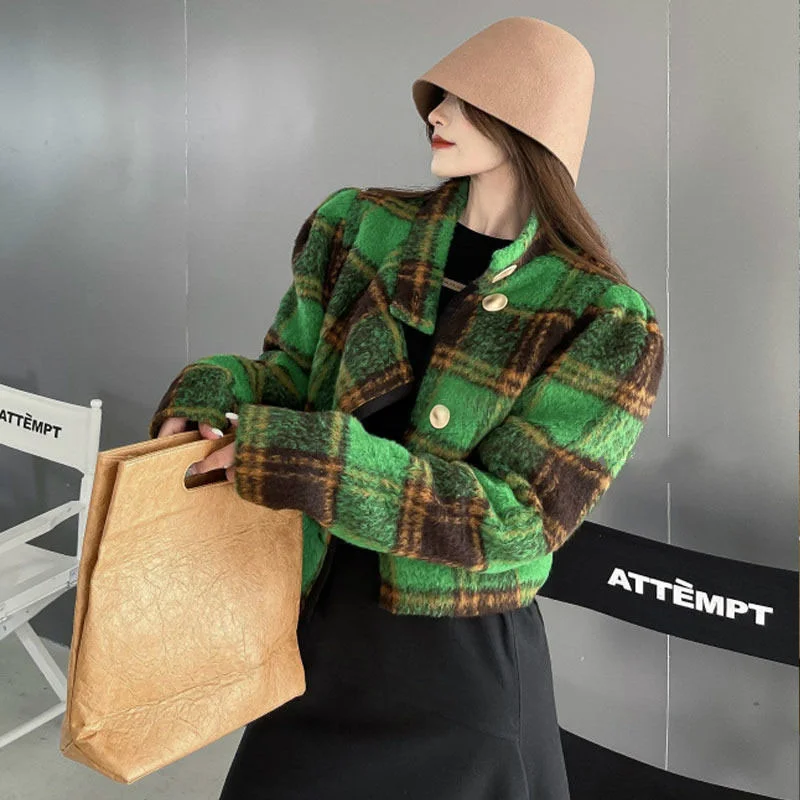 

Женское шерстяное пальто, винтажное зеленое короткое пальто, 2021